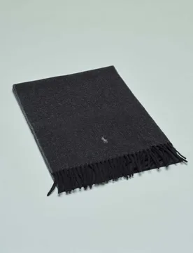 Sciarpa nera e grigio scuro in lana con frange al fondo e logo ricamato tono su tono - Ralph Lauren - FashionsVida