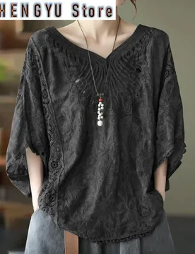 Summer Elegant Blouses For Women Shirt Women'S Lace Shirt Bat Sleeve V Neck Short Sleeve Blusas De Mujer 2024 Tendencia - Aliexpress - FashionsVida