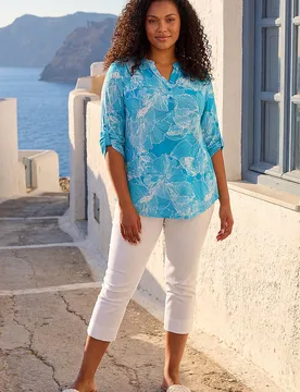 Womens Curve Textured Floral Print V-Neck Shirt - Turquoise - Size 18 Uk - Roman - FashionsVida