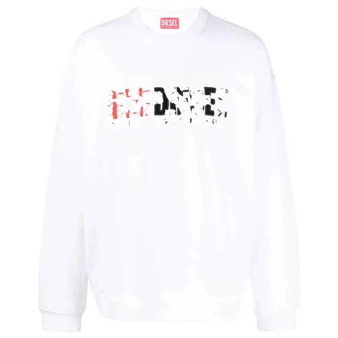 Mens Double Destroyed Logo White Sweatshirt Cotton - Size Large - Diesel - FashionsVida