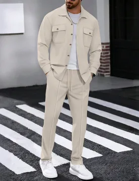 Conjunto de 2 piezas para hombre, camisa casual de manga larga con solapa y doble bolsillo + pantalones largos, atuendo deportivo delgado para primave - Shein - FashionsVida