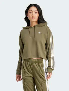 Womens Adicolor 3-Stripes Short Hoodie - Khaki Cotton - Size Small - adidas Originals - FashionsVida