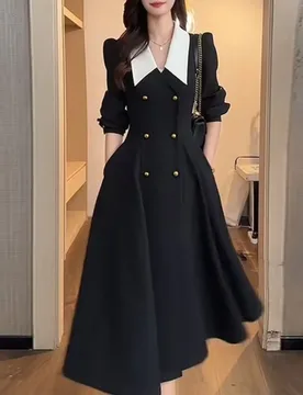 Hepburn-style Black and White Contrasting Dress Large Lapel Trench Coat Double-breasted Temperament Long Skirt Women's Commuting - Aliexpress - FashionsVida