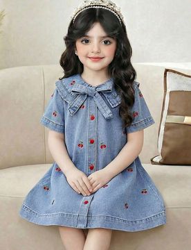 Vestido de niña con cuello de mezclilla azul y bordado de cerezas