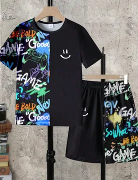 Set de 2 piezas de camiseta de manga corta con cuello redondo y estampado de salpicaduras + pantalones cortos con bolsillo para adolescentes varones - Shein - FashionsVida