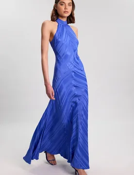 Women's Stripe Fabric Detail Fluid Halter Maxi Dress in Cobalt Size: 16 - Cobalt - Size: 16 - Karen millen - FashionsVida