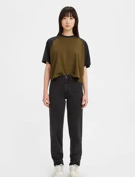 Mom jeans in cotone nero effetto lavato a vita alta - Levis - FashionsVida