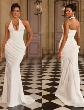 Halter Neck Satin Mermaid Wedding Dress Ruched Deep V Neck Backless Bridal Gown Train Vestidos de Novia Robe de Mariee Plus Size - Aliexpress - FashionsVida