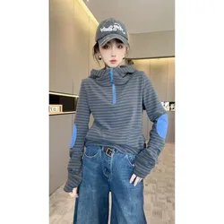 Striped Long Sleeve Hooded Top With Zipper And Patchwork Details For Casual Wear
