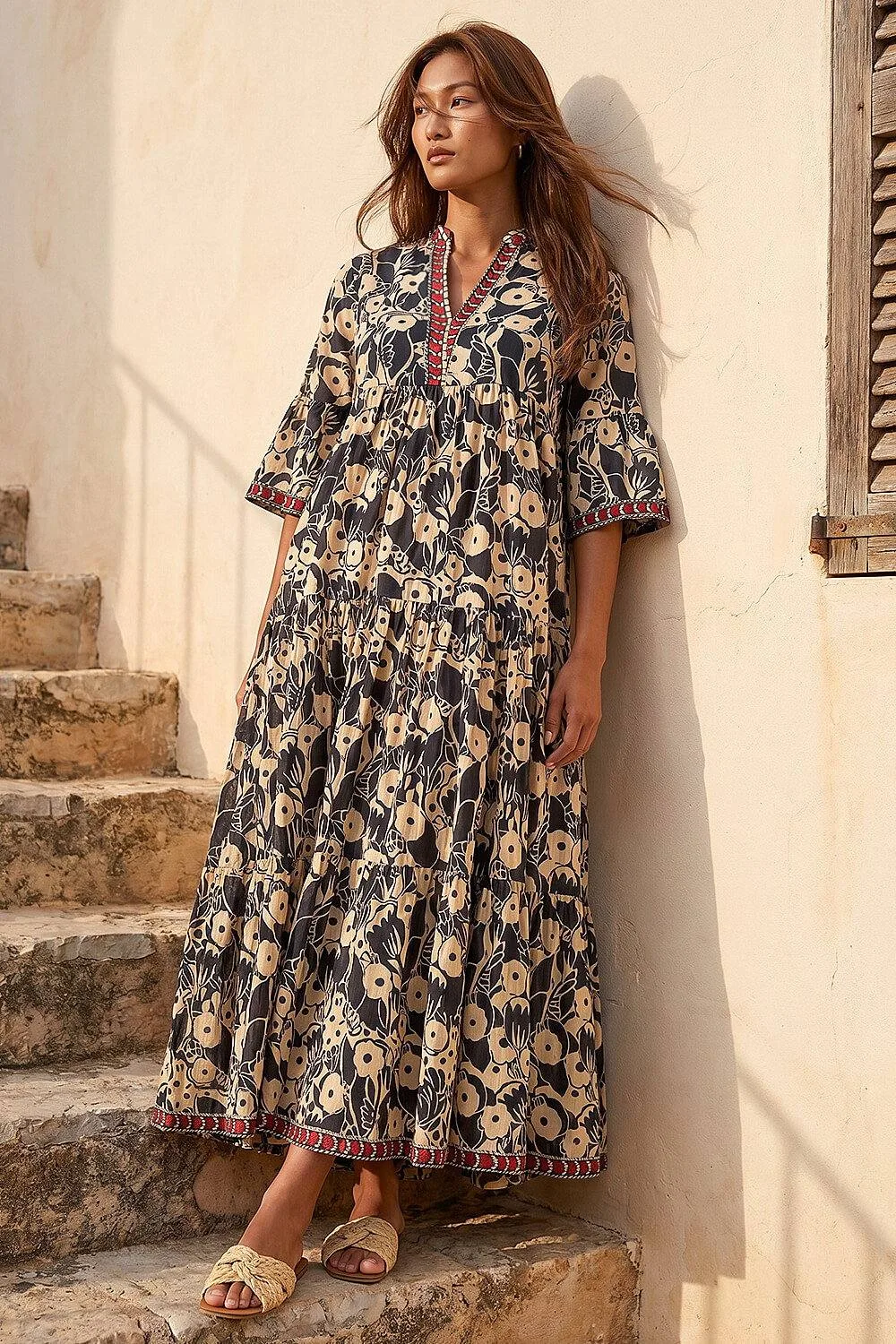 Floral Print Border Maxi Dress - Brown - Size: 16 - Roman - FashionsVida