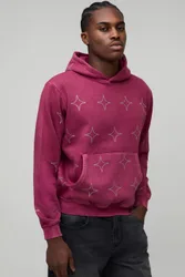 Herren Boxy Washed All Over Strass Hoodie Sweatshirt Pink Größe XS