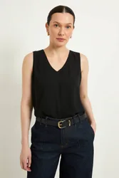 Plain V Neck Cami Top - Black - Size: 18