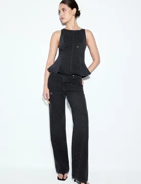 Denim-Top mit Schößchen und Glitzer Schwarz XS - Stradivarius - FashionsVida