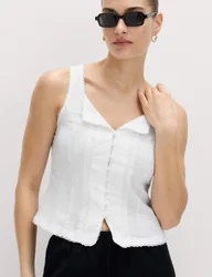 Linen Rich Lace Insert Button Detail Blouse White female