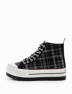 Baskets montantes à plateforme tartan, Polyester, Noir, 36
