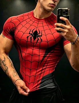 Camiseta deportiva de manga corta con cuello redondo y estampado de patrón de telaraña en contraste de color para hombres, gimnasio - Shein - FashionsVida