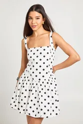 Womens Polka Dot Puffball Hem Mini Dress - White