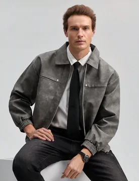 Pieza Chaqueta de cuero de manga larga con cremallera completa y solapa vintage desgastada para hombres, chaqueta casual de estilo motocicleta de cuer - Shein - FashionsVida
