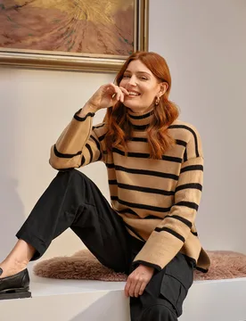 Womens Beige Striped Flare Sleeve Roll Neck Jumper - Size Medium - Izabel London - FashionsVida