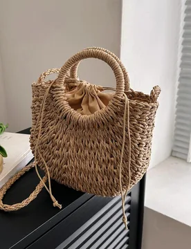 Bolso tejido a mano de paja tejido en un unicolor con mango redondo, bolsa en forma de creciente con cierre de cordón, bolso informal para mujeres, a - Shein - FashionsVida