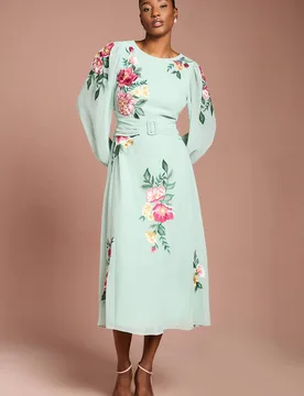 Women's (RTS) Embroidered Long Sleeve Belted Midi Dress in Sage Size: 12 - Sage - Size: 12 - Coast - FashionsVida