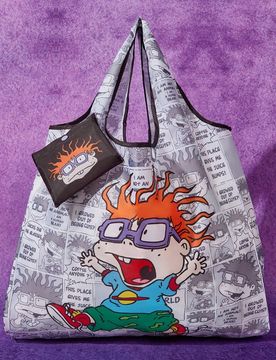 Pieza Bolsa de compras plegable de poliéster con figura de dibujo animado, bolsa de tela con bolsillo pequeño adjunto con cadena de cuentas