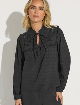Women's Petite Crinkle Tie Neck Blouse in Black Size: 16 - Black - Size: 16 - PixieGirl - FashionsVida