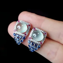 Spot high-ice clear water egg surface inlaid Sapphire stud earrings Myanmar high-end chalcedony ice earrings luxury
