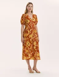 Floral V-Neck Midi Waisted Dress Brown Mix female