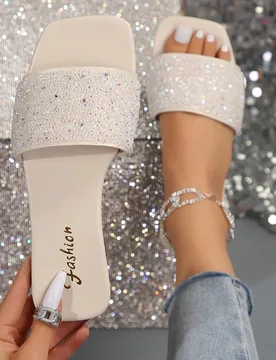 Sandalias planas sin cordones para mujer de talla grande, con punta cuadrada negra, con rhinestones, suela antideslizante y blanda, con cordones, de m - Shein - FashionsVida