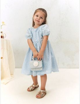 Vestido mini de manga abullonada con bordado azul claro y detalle de lazo en la espalda de SUMWON para niñas, para ocasiones festivas, casuales y de
