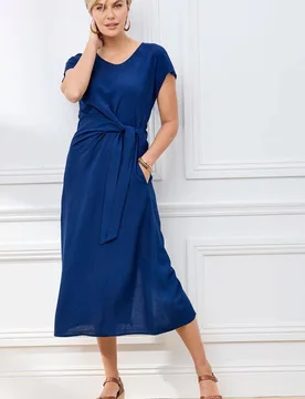 Women's Tie Waist Linen Blend Maxi Dress in Royal Size: 18 - Royal - Size: 18 - Cotton Traders - FashionsVida