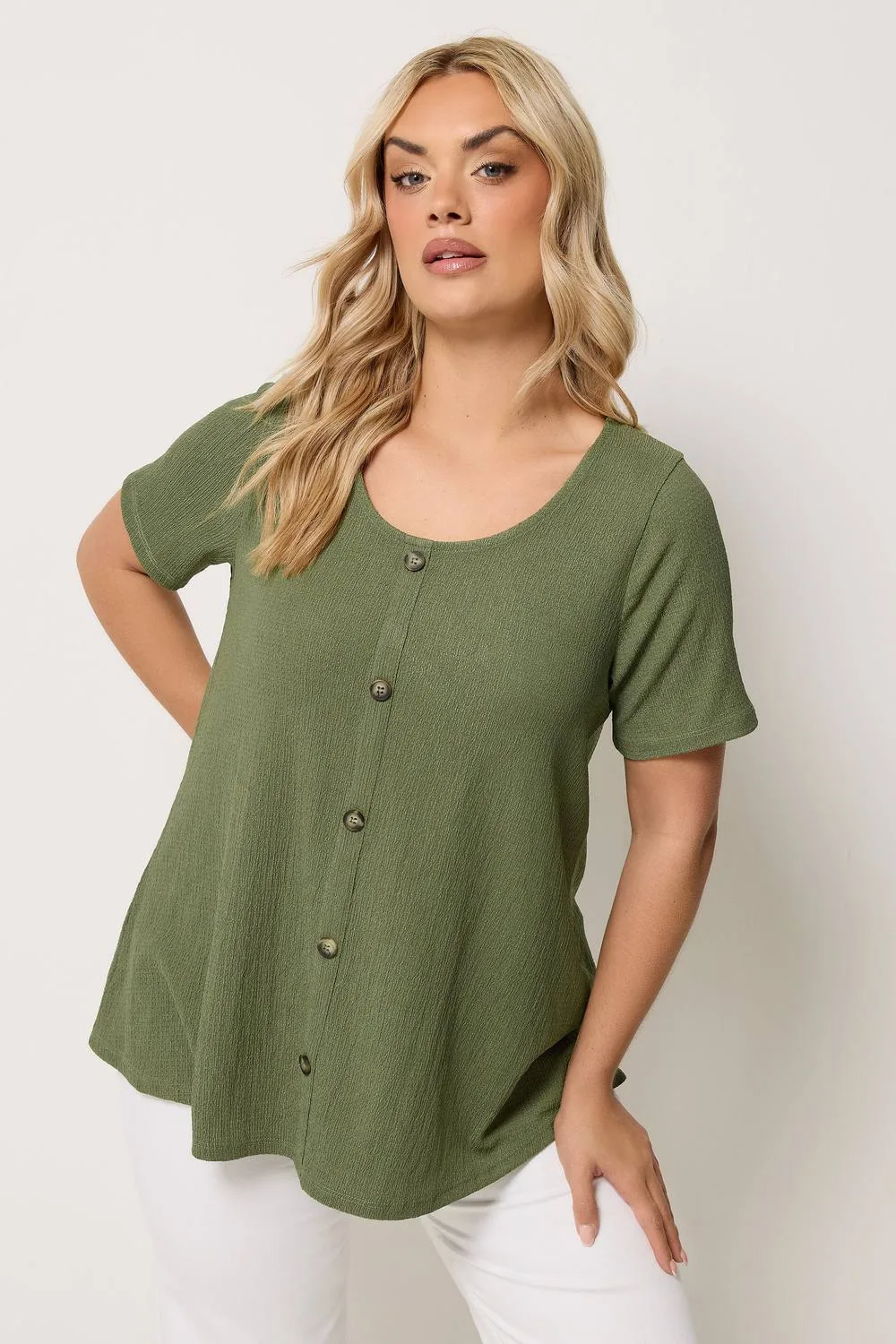 Crinkle T-Shirt - Olive - Size: 12 - Yours - FashionsVida