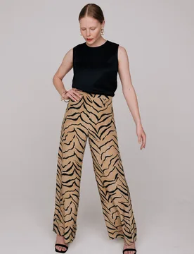 Leon Wide Leg Tiger Print Trouser In Brown - 6 - Lily and Lionel London Limited - FashionsVida