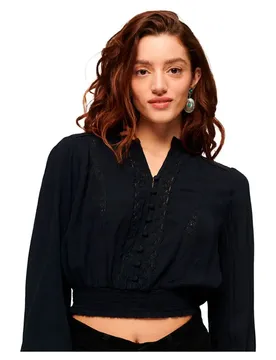 Blusa A Maniche Lunghe Lace Trim Smocked Eclipse Navy L