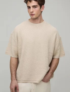 Herren Übergroßes T-Shirt Mit Geometrischem Strickmuster Stone Größe XS - boohooMAN - FashionsVida