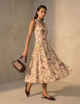 Abito midi svasato con volant sul décolleté, con viscosa - multicolor