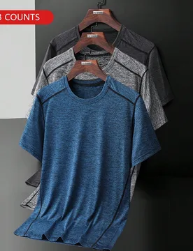 Conjunto de 3 camisetas de manga corta de estilo informal y deportivo para hombre con cuello redondo (Gris oscuro + Gris + Azul pizarra) para verano - Shein - FashionsVida