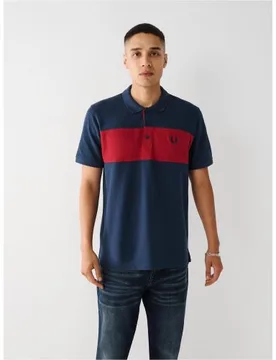 Mens Dress Blue Red Dahlia Colour Block Logo Polo Shirt - Male - Blue - Small - True religion - FashionsVida
