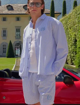 Men's Embroidered Spliced Stripe Oversized Shirt & Short Set Light Blue Size Large Light Blue L - boohooMAN - FashionsVida