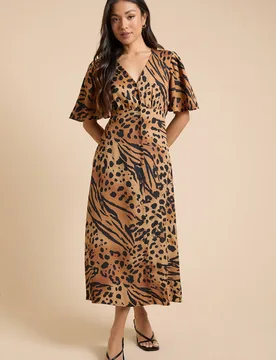 Women's Petite Animal Button Front Angel Sleeve Tie Back Midi Dress Size: 12 - Animal - Size: 12 - Dorothy perkins - FashionsVida