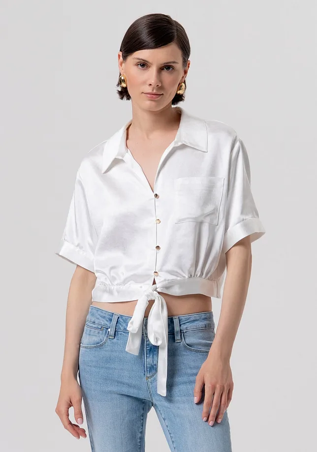 Camicia cropped in raso donna crema - Fracomina - FashionsVida