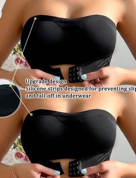 Piezas Sujetador Bandeau Negro con Cierre Delantero, Banda de Silicona Antideslizante Mejorada, Copa Suave y Fina, Sin Aros, Sin Tirantes, Push-Up, Le