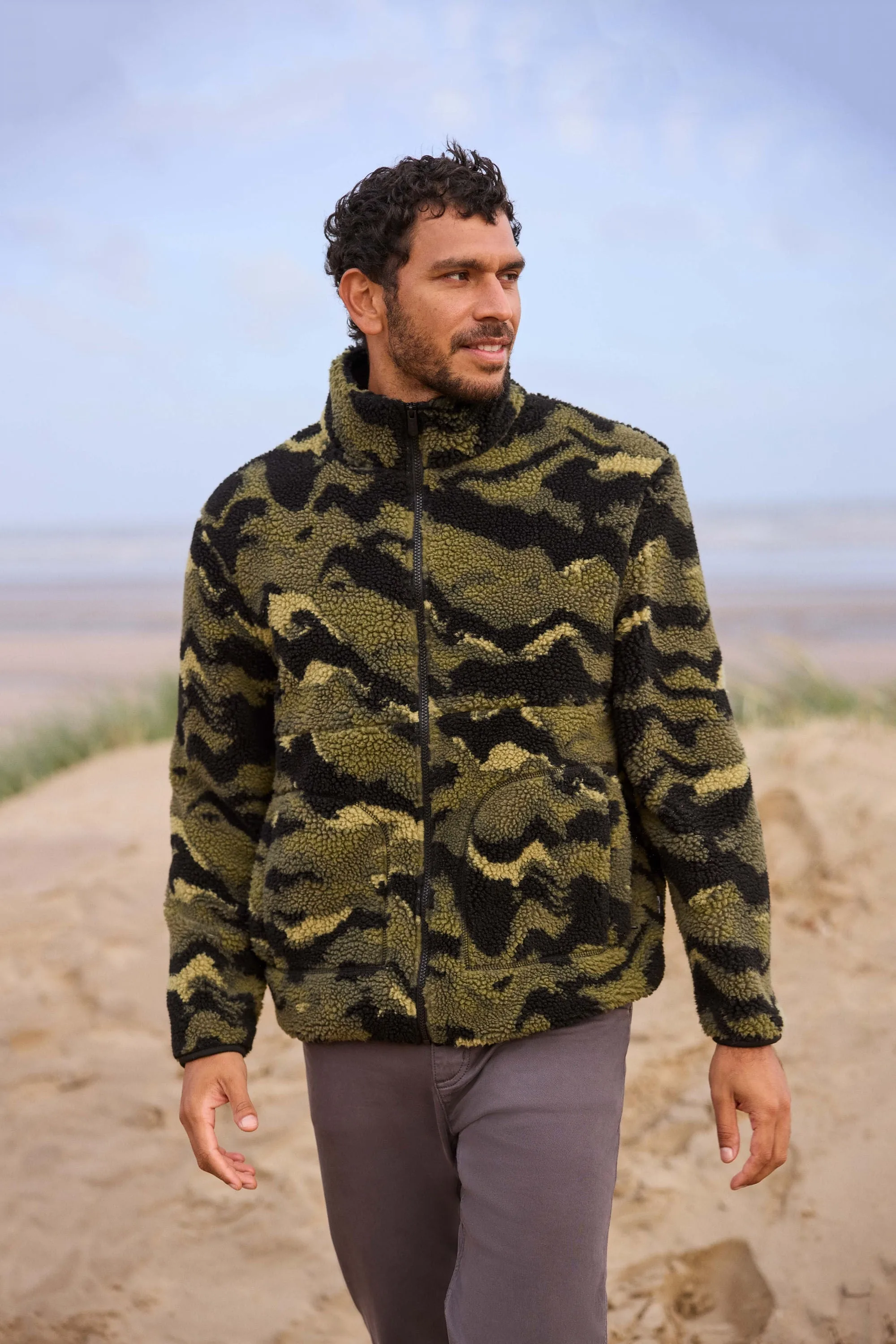 Hennie Mens Printed Borg Jacket - Green - Animal - FashionsVida