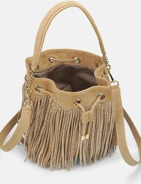 Bolso de mano con flecos con pedrería cierre ajustable y doble asa - Alma en Pena - FashionsVida
