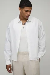 Herren Oversized Boxy Langarm-Hemd aus Leinen-Mix White Größe XS