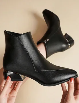 Par de botas de tobillo con punta negra para adolescentes/mujeres, tacón grueso, cremallera lateral, minimalista y cómoda, botas de moda versátiles - Shein - FashionsVida