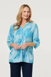 Women's Printed Sequin 3/4 Sleeve Relaxed Blouse in Blue Size: 8 - Blue - Size: 8