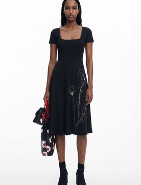 Vestido midi escotado, Algodon, Negro, XS