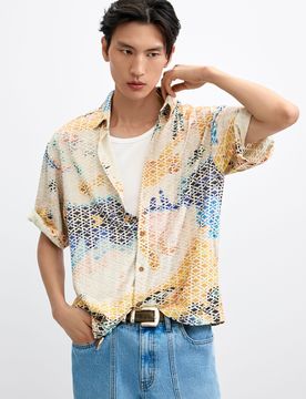 Camisa bordada estampada, Hombre, Blanco, S